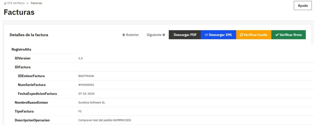Detalles factura VeriFactu