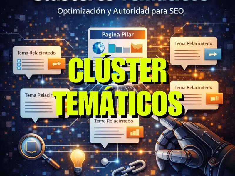 Ilustración conceptual de una red de contenidos interconectados que representa clústeres temáticos y estructura SEO basada en página pilar y contenidos relacionados.